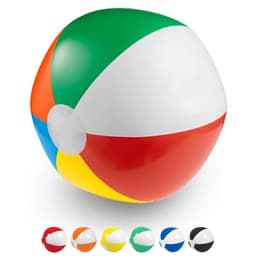 A vibrant beach ball featuring segments of red, green, yellow, blue, and white, with a logo.