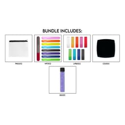 A clear pouch includes a black nail polish, a coloured file set, and a purple bottle of nail treatment.