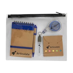 A clear pouch containing a notepad, pen, tape measure, and sticky notes in various colours. The pouch has a logo.