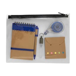 A clear pouch containing a notepad, pen, tape dispenser, a bell, and a set of sticky notes in pastel colours.