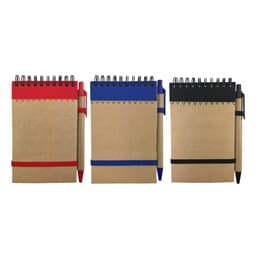 A set of three spiral-bound notebooks in red, blue, and black, each with a matching pen and an elastic band.
