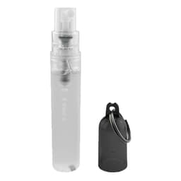 A transparent spray bottle with a black cap and keyring attachment, designed for easy portability.