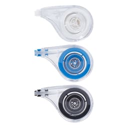 Three correction tape dispensers in clear, blue, and black colours, featuring a logo on each unit.