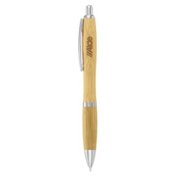 A bamboo pen in a natural wood finish with silver accents and a branding logo.
