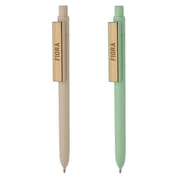 Two bamboo fibre pens in cream and mint green, featuring wooden clips with a logo.