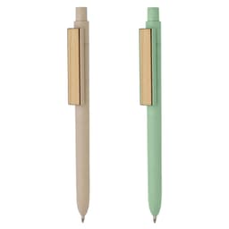 A bamboo fibre pen in beige and a green variant, featuring a sleek metal clip and a simple design.