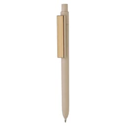 A bamboo fibre pen in a natural colour with a wooden clip. The pen features a minimalist design and a logo.