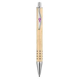 A natural wood pen featuring a silver metal tip and clip, with a decorative pattern along the barrel.