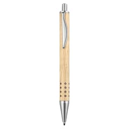 A metal pen with a light wooden body and silver accents, featuring a sleek design and a logo.