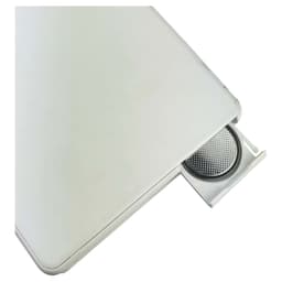A white calculator with a slide-out compartment revealing a circular, metallic grid. It has a logo on its surface.