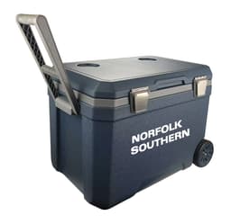 A dark blue rolling cooler box with a handle and wheels, featuring a logo on the side.