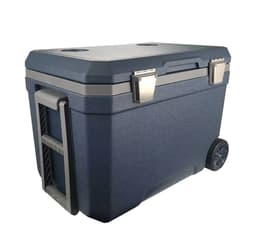 A navy blue rolling cooler box with a handle and wheels, designed for easy transport. It features a sturdy build and a logo.