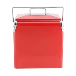 A retro red metal ice cooler box with a silver handle, designed for storing food and drinks.