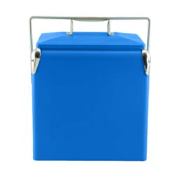 A blue retro metal ice cooler box with a silver handle, featuring a square design and lid.