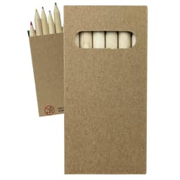 A pack of coloured pencils in a kraft cardboard case, featuring red, blue, green, yellow, and natural wood tones.