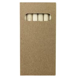 A pencil pack featuring several coloured pencils visible through a cut-out window on a brown cardboard cover.