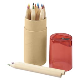 A tube containing coloured pencils in various shades, with a sharpener and two exposed pencils beside it.