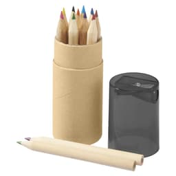 A cylindrical tube containing coloured pencils in various shades, with a sharpener beside it.