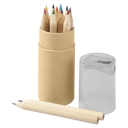 A cylindrical tube containing coloured pencils in various hues, alongside a sharpener and two pencils.
