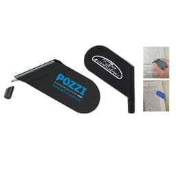 A black ball pen and a matching bookmark with a logo, designed for writing and marking pages.