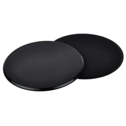A black non-slip yoga mat with a smooth surface. It has a round shape and a subtle texture on one side.