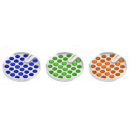 Three circular novelty bubble poppers in blue, green, and orange, each with a white rim and branding.