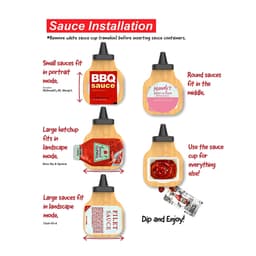 A promotional image for the Sauce Holder featuring instructions for use with various sauces. The design includes a wood and black colour scheme.