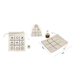 A set of tic-tac-toe game pieces in a cream drawstring bag, featuring wooden X and O discs and an additional cloth bag.