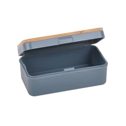 A grey earbuds case featuring a bamboo lid, showcasing a simple and modern design for storing earbuds.