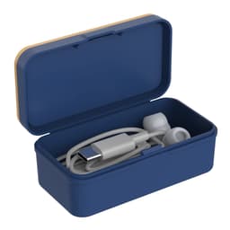 A navy blue case containing white Type-C earbuds and a charging cable. The case is open, displaying the contents.