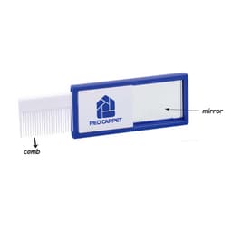 A blue comb with a mirror attached, featuring a logo on one side.