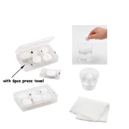 A clear case containing six white press towels, alongside a hand demonstrating their use in water.