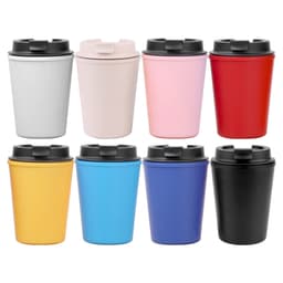 A drink bottle collection featuring reusable coffee cups in grey, pink, red, yellow, blue, and black, with black lids.
