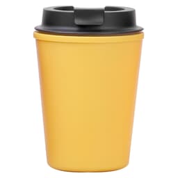 A reusable coffee cup in bright yellow with a black lid and logo. Perfect for eco-friendly drinkware.