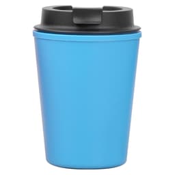 A reusable coffee cup in bright blue with a black lid, featuring a logo.