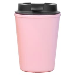A reusable coffee cup in a soft pink colour with a black lid, featuring a logo.
