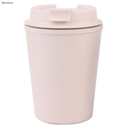 A reusable coffee cup in a light pink colour, made from bamboo, featuring a lid and a logo.