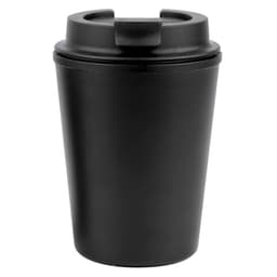 A reusable coffee cup in matte black featuring a lid with a drinking opening. It has a logo.