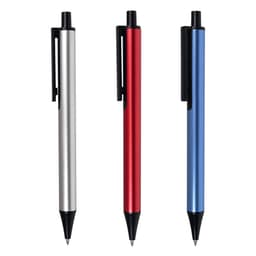 Three metal pens in silver, red, and blue with a clip for easy attachment. Each pen features a sleek design.