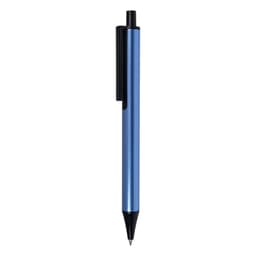 A metal pen in a sleek blue colour with a black clip and a retractable tip. Features a logo on the barrel.