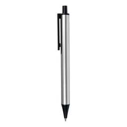 A metallic silver pen with a black clip and a black tip. The pen features a logo on its body.