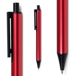 A red metal pen with a black clip and tip, featuring a sleek design and a simple logo.
