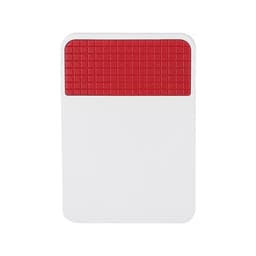 A rectangular fridge magnet clip with a textured red top and a white base, featuring a logo.