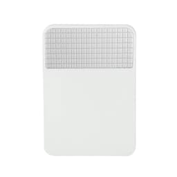 A white fridge magnet clip featuring a textured grey grip section at the top. It has a rectangular shape.