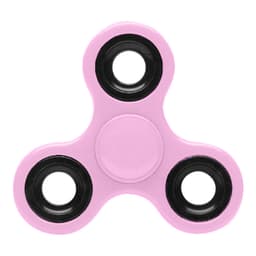 A pink fidget spinner featuring black accents and three arms with circular cutouts, designed as a novelty item.