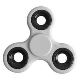 A white budget fidget spinner with black bearing covers, featuring a simple three-pronged design.