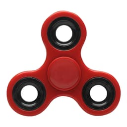 A red fidget spinner with black accents and three spinning arms. It features a central button and has a logo.