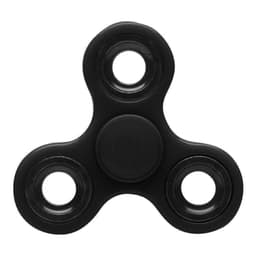 A black fidget spinner featuring three arms, each with a circular cutout, and a central rotating button.