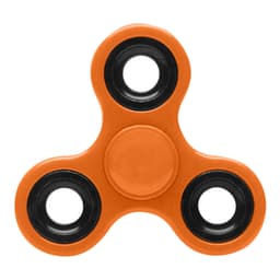 An orange fidget spinner with black bearing caps, featuring a central circular hub and three smooth arms.