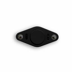 A black fidget spinner featuring a central disc and two spherical ends, with a sleek design and a logo.